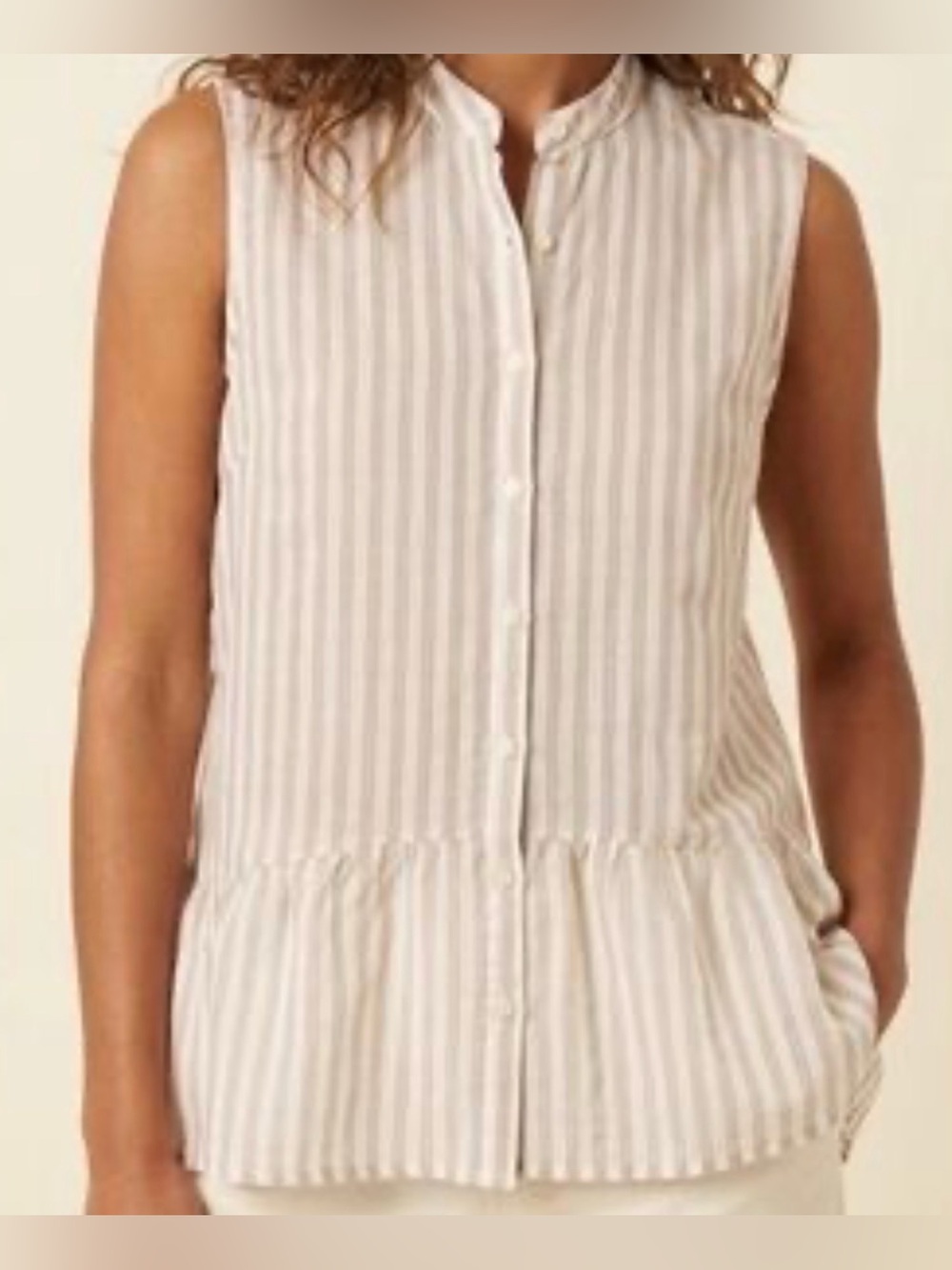 TROVATA Size S • White Tan Stripe Cotton Sleeveless Peplum Top Blouse.